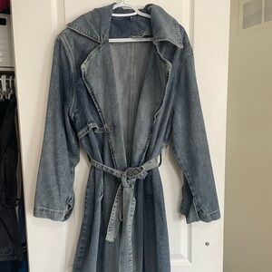 pretty little thing vintage washed oversized blue denim trench coat